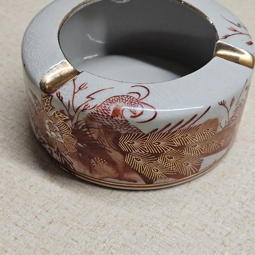 VTG Chinese Phoenix Vase Ashtray Set Gold Gilt Glaze Fenghuang Chinoiserie